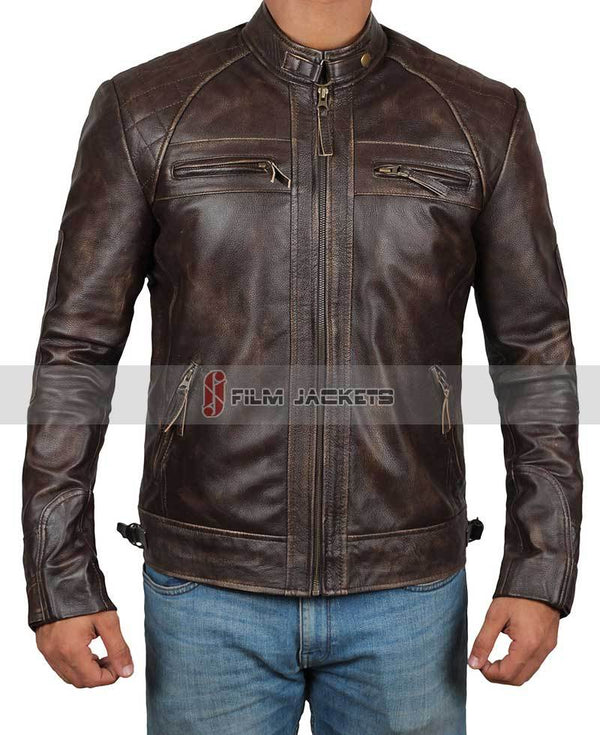 Claude Distressed Quilted Brown Leather Biker Jacket