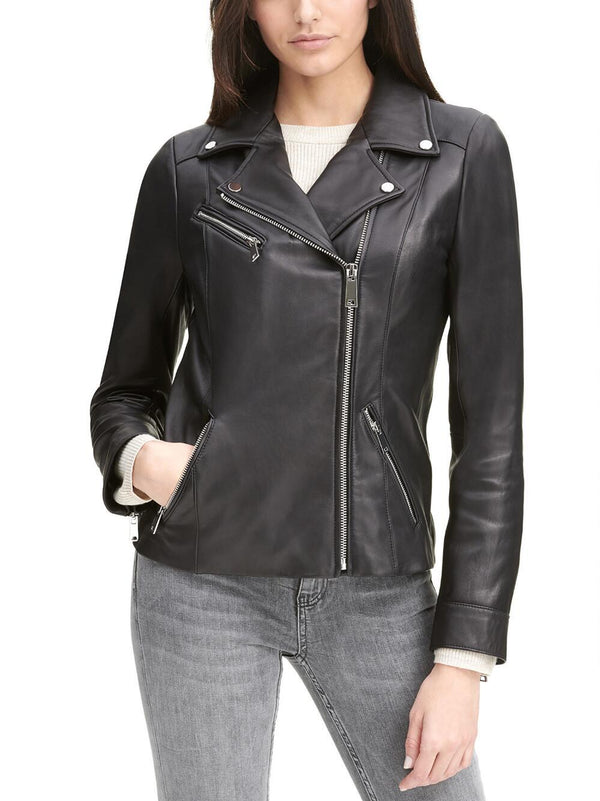 Women's Asymmetrical Zip Leather Jacket w/ Metallic Details Black