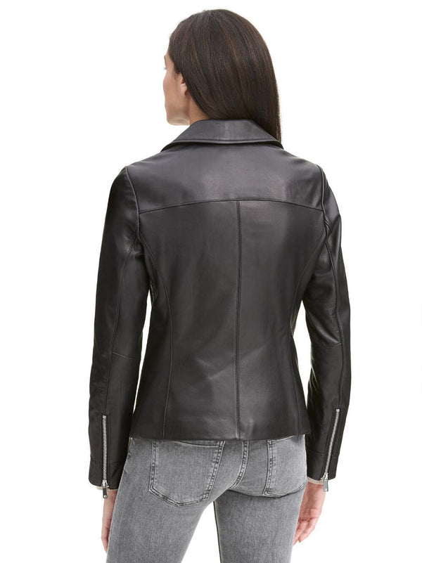 Women's Asymmetrical Zip Leather Jacket w/ Metallic Details Black