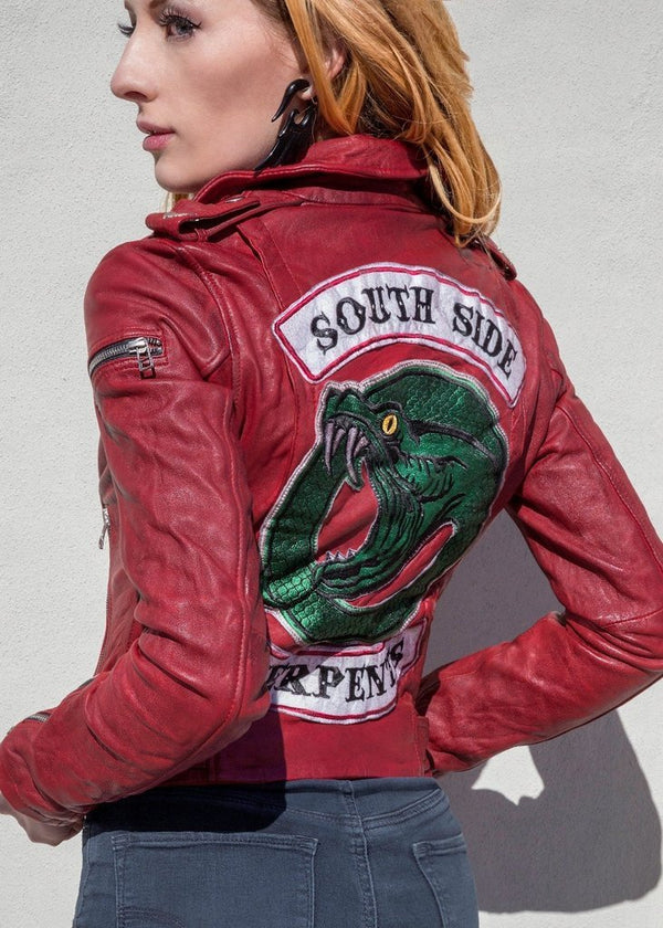 Womens Riverdale Inspired Southside Serpents Leather Motorcycle Jacket Red