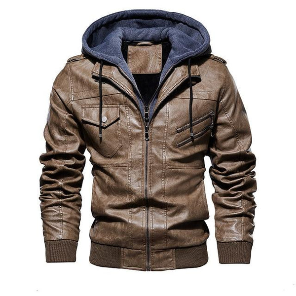 Men's PU Leather Jacket Men Motorcycle Hood Winter Coat Man Warm Casual Leather Jackets